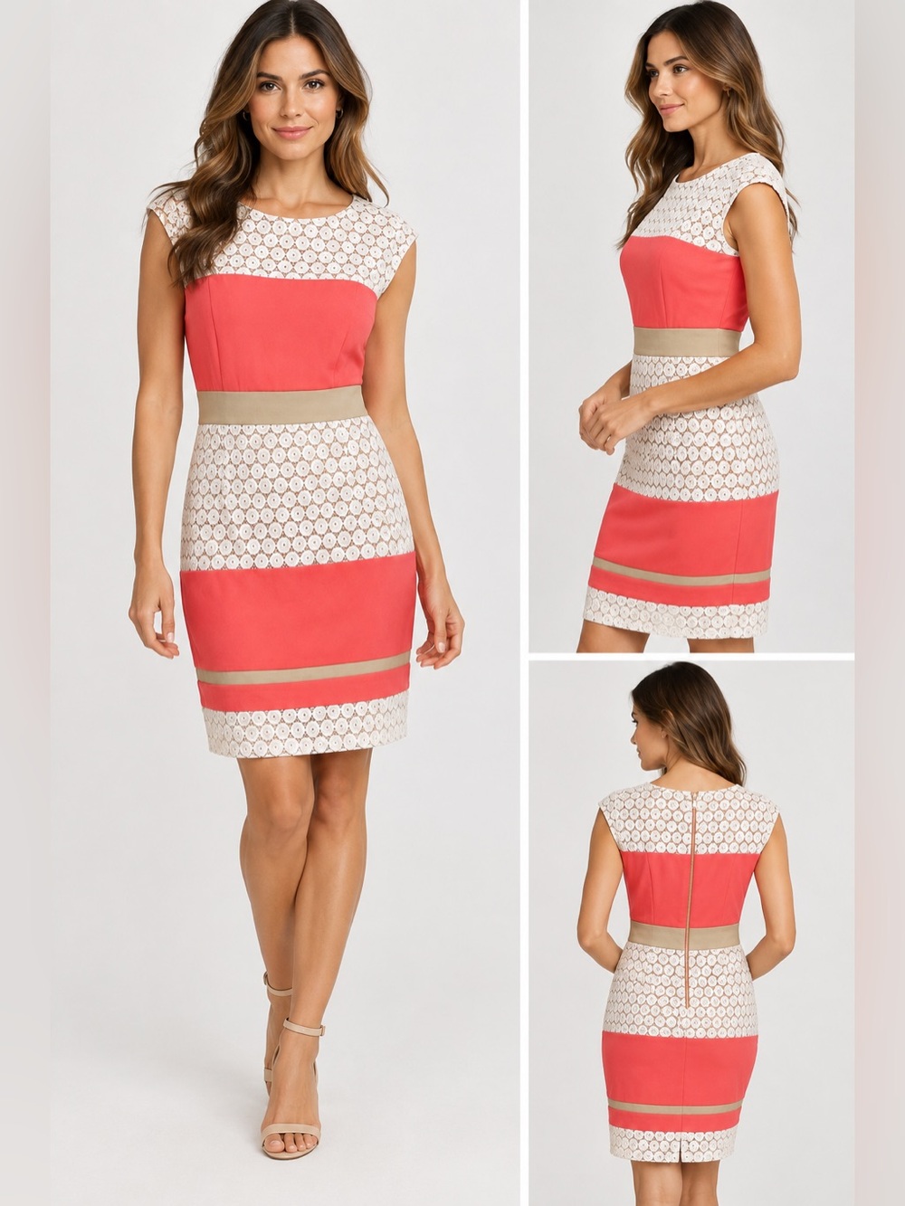 Sandra Darren Colorblock Lace Sheath Dress Size 12 Coral Ivory Beige Cocktail